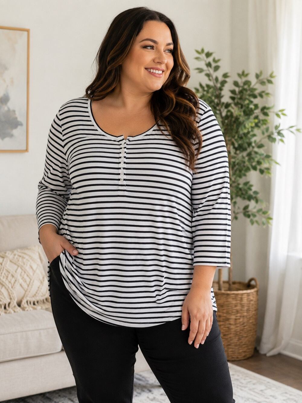 Plus Size Women’s Black & White Striped Henley Top 3/4 Sleeve Scoop Neck 4XL